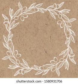 Olive wreath. Round vector frame and place for text on kraft paper. Can be used  creating card, menu or invitation card.