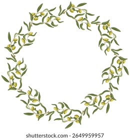 Coroa de oliva com galhos e folhas. Ilustração botânica desenhada à mão do vetor. Perfeito para embalagem ecológica, papelaria de casamento, etiquetas, marca e design de produto