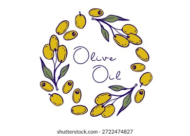 Coroa Oleícola. Esboço de cor vetorial para dieta mediterrânea ou vegana. Galhos de azeitona, bagas em volta da moldura. Comida, natural cosméticos orgânicos ilustração para convites, rótulos, embalagem, emblema, adesivo