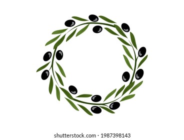 Olive wreath vector, round frame, black fruit and green leaves border, circle plant crown, decorative garland. Nature illustration