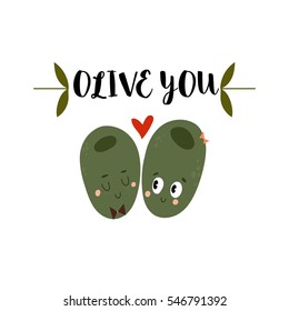 Olive You.The original Valentines card with two cartoon olives.Flat design Happy Valentines.Can be add text-stock vector