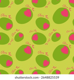 Olive you seamless pattern green pimento olives with pink heart love theme funny creative minimalist art background