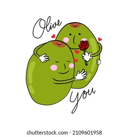 Olive you, two olive hugging cartoon vector illustration