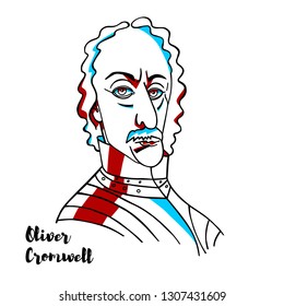 Oliver Cromwell engraved vector portrait with ink contours. English military and political leader.