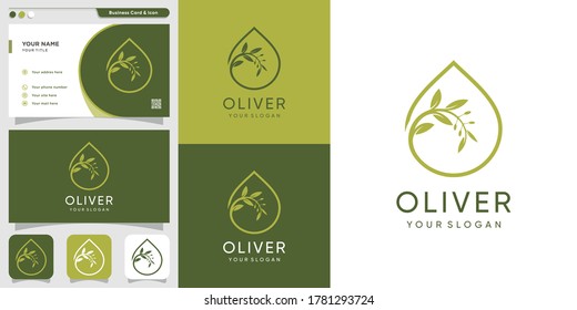 Oliver logo and business card design template, drop, brand, oil, beauty, cosmetics, icon, health, premium vector