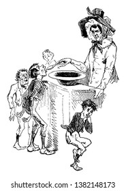 Oliver Twist, this scene shows a man feeding children with spoon from bowl kept on table, children in queue, a child kept hand on mouth after eating, vintage line drawing or engraving illustration