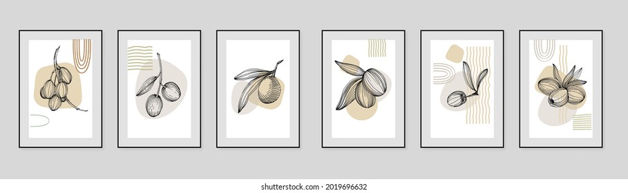 Olives art floral posters in trendy colors. Abstract hand drawing flowers and geometric elements and strokes, leaves and flower. 