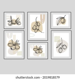 Olives art floral posters in trendy colors. Abstract hand drawing flowers and geometric elements and strokes, leaves and flower. 