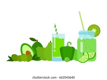 Olives, avocados, green pears, green paprika, slices of lime and a slice of kiwi. Green cocktails in a glass and in a glass jar vector flat material design isolated on white