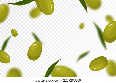 Fondo de aceitunas. Aceitunas que vuelan o caen aisladas sobre un fondo transparente. Se puede usar para publicidad, embalaje, banner, afiche, impresión. Diseño plano. Producto natural. Ilustración del vector