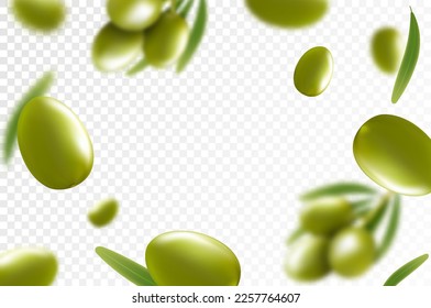 Olives background. Flying or falling olives isolated on transparent background. Can be used for advertising, packaging, banner, poster, print. Realistic 3d design. Nature product. Vector illustration