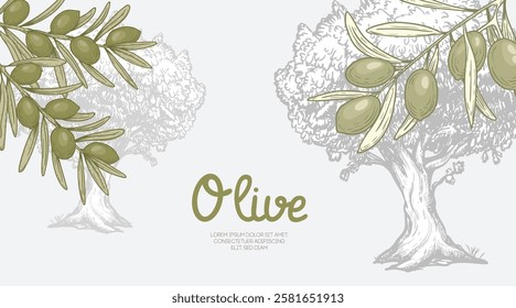 Olives background. Green olive branches and olive tree. Sketch hand drawn retro style. Extra virgin oil banner. Vector illustrations.