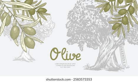 Olives background. Green olive branches and olive tree. Sketch hand drawn retro style. Extra virgin oil banner. Vector illustrations.