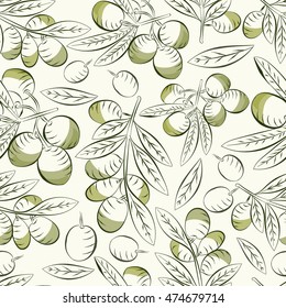 Olives background. Seamless pattern olives. Olive fruit and leaves. Good harvest.