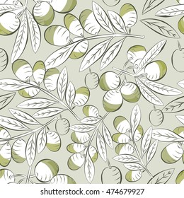 Olives background. Seamless pattern olives. Olive fruit and leaves. Good harvest.
