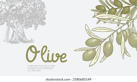 Olives banner. Green olive branches and olive tree made in sketch hand drawn style. Best for extra virgin oil label and cosmetics. Vector retro vintage illustrations.