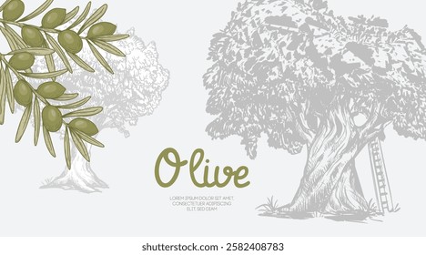 Olives banner. Green olive branches and olive tree made in sketch hand drawn style. Best for extra virgin oil label and cosmetics. Vector retro vintage illustrations.