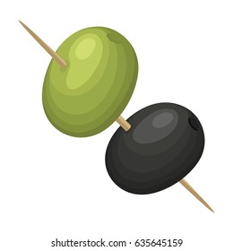 Olives are the berry of olive tree. Olives on a wooden skewer. On the skewer of olives are black and green.Olives single icon in cartoon style vector symbol stock illustration web.