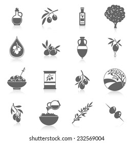 Olives black icons set with tree oil branch leaf isolated vector illustration