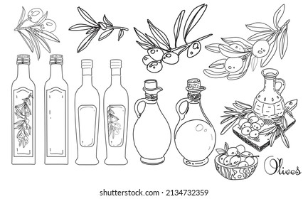 olives black and white line vector clipart set. Branches with berries, oil bottles isolated on white