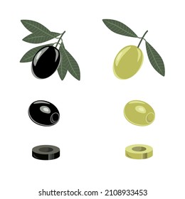 Las aceitunas son negras, verdes, empinadas, de lana, aisladas en un fondo blanco.Se puede utilizar un conjunto vectorial de aceitunas en diseños culinarios, textiles, etiquetas, menús.