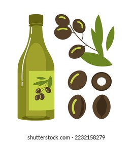 Aceitunas y botella de aceites de cocina ilustraciones vectoriales. Colección de dibujos animados de elementos de aceite de oliva aislados sobre fondo blanco. Culinario, cocina, receta, concepto de comida