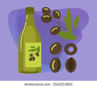 Olives and bottle of cooking oils vector illustrations set. Collection of cartoon drawings of olive oil elements on purple background. Culinary, cooking, recipe, food concept