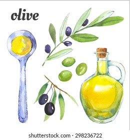 Olives And A Bottle Of Olive Oil. Mediterranean Products. Vector Watercolor Food. Illustration In Painting Technique. 