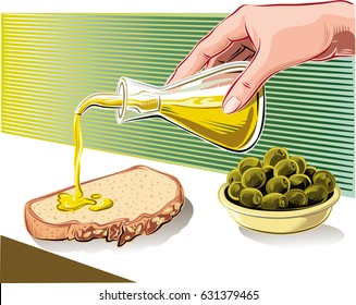 Olives In A Bowl. A Female Hand Pouring Olive Oil From A Vial, On A Slice Of Bread.