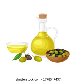 Olives in Bowl and Glass Jar with Oil Vector Illustration