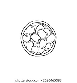 Olives in a bowl. Hand drawn sketch in black and white.