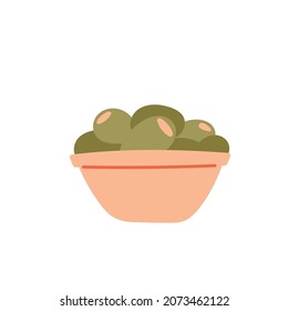 Olives In A Bowl. Healthy Mediterranean Food. Spanish Or Greek Fruit. Italian Pitted Olives. Vector Cartoon Illustration