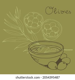 Olives in a bowl and olive branch isolated on background with text, vector illustration