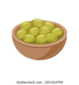 Olives in bowl on white background. Olive product cartoon illustration. Organic food, home pantry concept