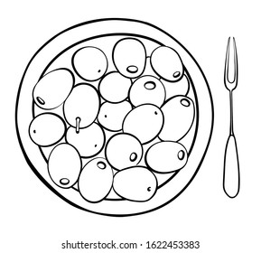 Olives in a bowl top view. Black line sketch of pitted olives isolated on white background. Doodle hand drawn vegetables. Vector illustration