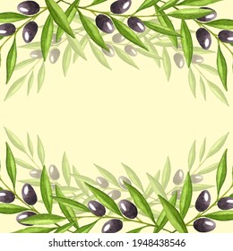 Olives branch background watercolor. Template for banner, postcard, frame, backdrop, hand drawing.