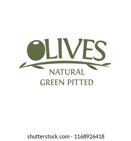 Olives branch with leaves vector emblem template. Natural Green pitted olive, simple logotype design, isolated illustration on white background