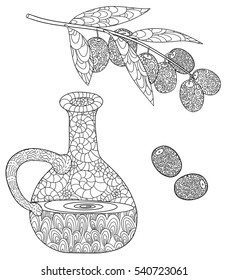 Olives and branch of olive-tree. Doodle coloring book for adult. Glass jar with oil.