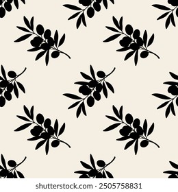 Olives branch pattern silhouettes dark on beige background. Vector illustration