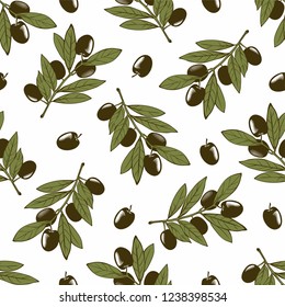 Olives Branch Seamless Pattern. Vector Vegtables Illustration.