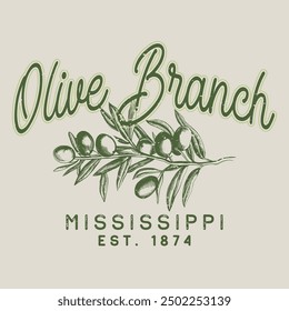 olives branch t shirt design. vintage fruit vector art, olive brunch hand drawn illustration, olives harvest graphic print, summer vintage t shirt design. vintage olives illustration typography
