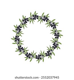 Olives branches wreath, hand drawing twigs on white background.
