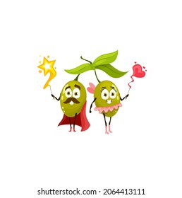 Olives cartoon characters man in cape and woman sorcerer and witch with magic heart with bow and star in hands isolated. Vector cute vegetable berries green olives emoticon, funny cut faces, leaves