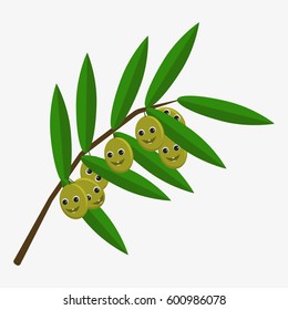 Olives character. Funny doodle cartoon fruit. Isolated on white background. Flat vector stock illustration