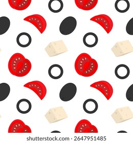 Olives Cheese Cubes and Tomatoes slices Seamless Pattern Healthy Eating Ingredients Food Background