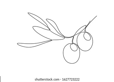 Olives in continuous line art drawing style. Minimalist black linear sketch on white background. Vector illustration