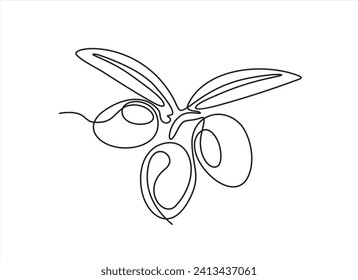 Olives in continuous line art drawing style. Minimalist black linear sketch on white background. Vector illustration