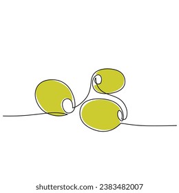 Olives continuous line drawing. One single line art organic plant for oil extraction. Vector illustration isolated. Minimalist design handdrawn.