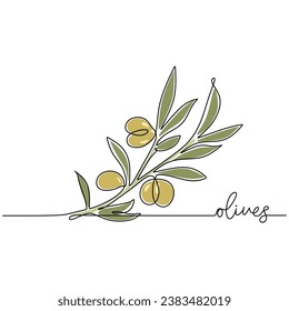 Olives continuous line drawing. One single line art organic plant for oil extraction. Vector illustration isolated. Minimalist design handdrawn.
