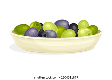 Olives Cultivar with Black and Green Drupe Fruit Rested on Plate Vector Illustration